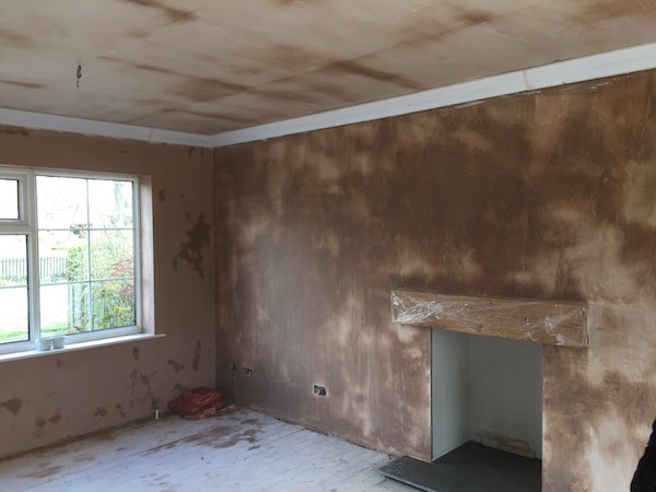 Re-plastered room, fireplace flue